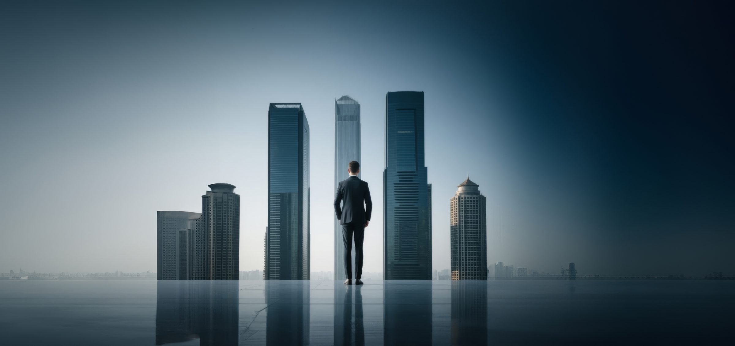 A figure looking out over a city skyline at dawn